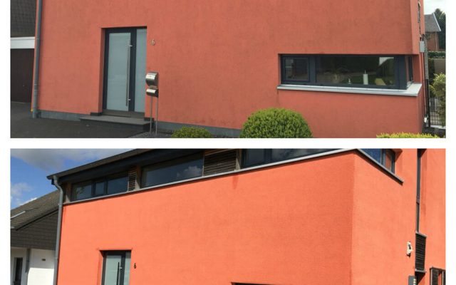 Algenentfernung an Fassaden – rote Fassade gereinigt – Vorher und nachher